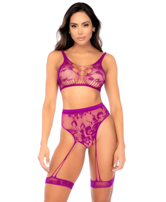 Ensemble deux pièces en résille à motif floral, couleur orchidée - Mapalé